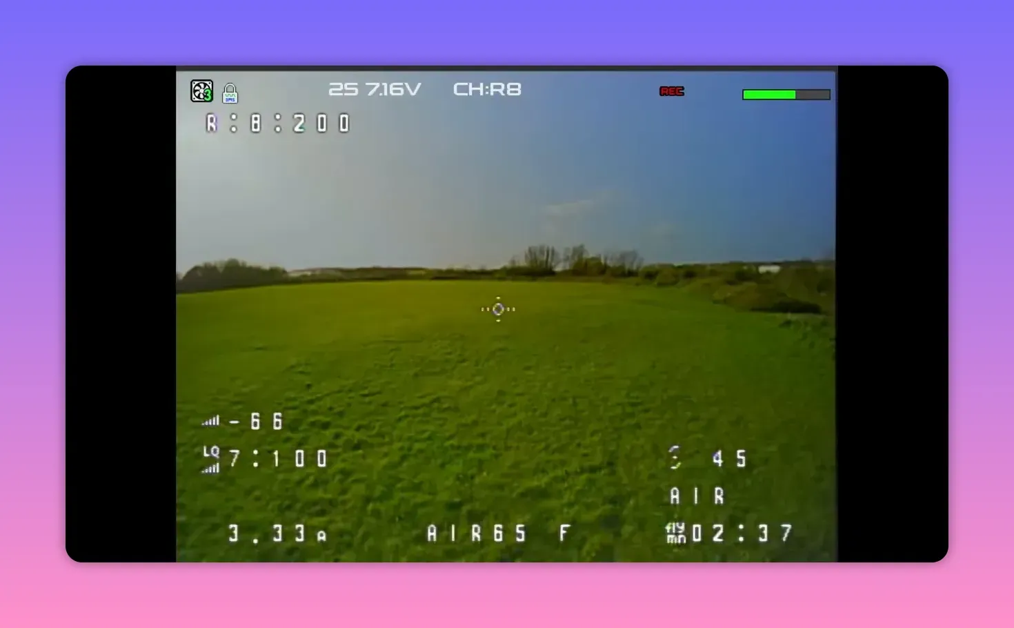 Analogue FPV HUD view on CH R8 with stable-looking reception during a BetaFPV Air65 II flight over a grassy field