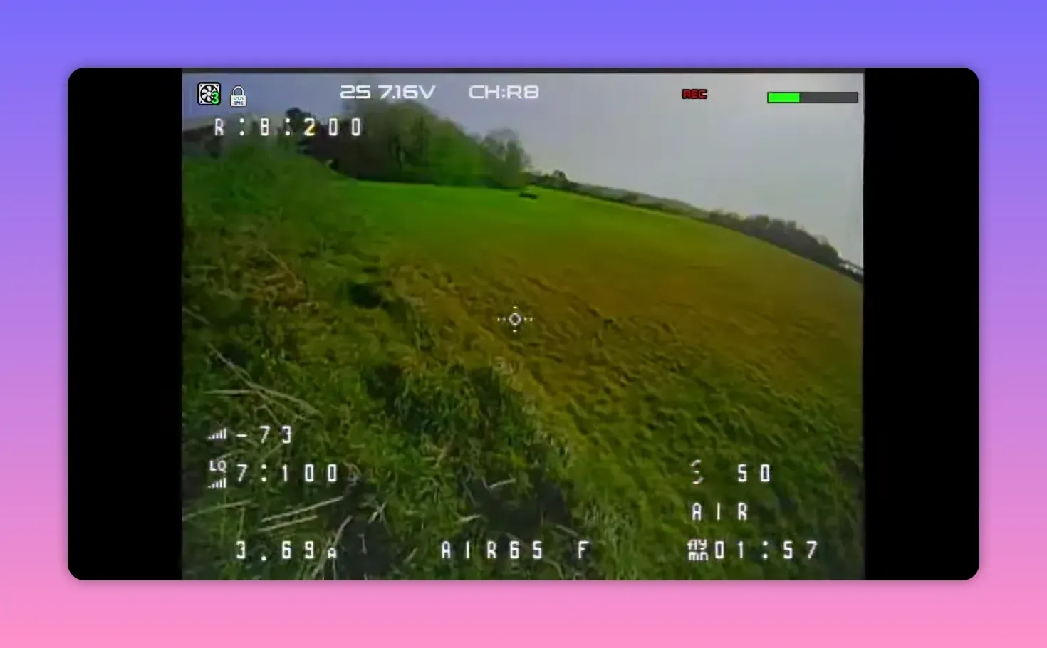 Analogue FPV HUD recording from the BetaFPV Air65 II in Acro mode on CH R8 over a grassy slope