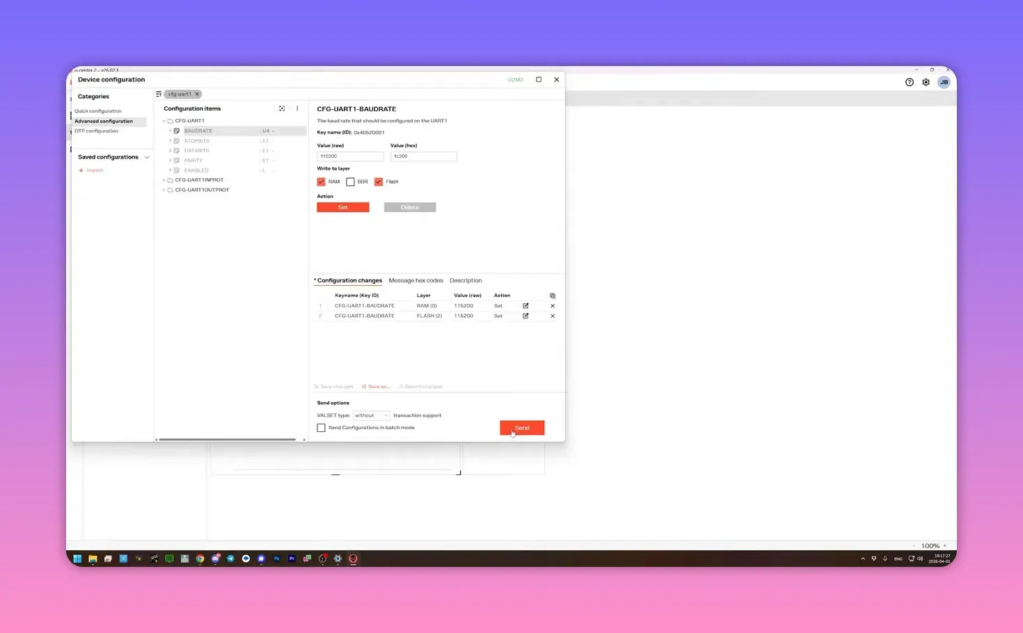 u-center device configuration window showing UART1 baud rate set to 115200 and sent configuration options