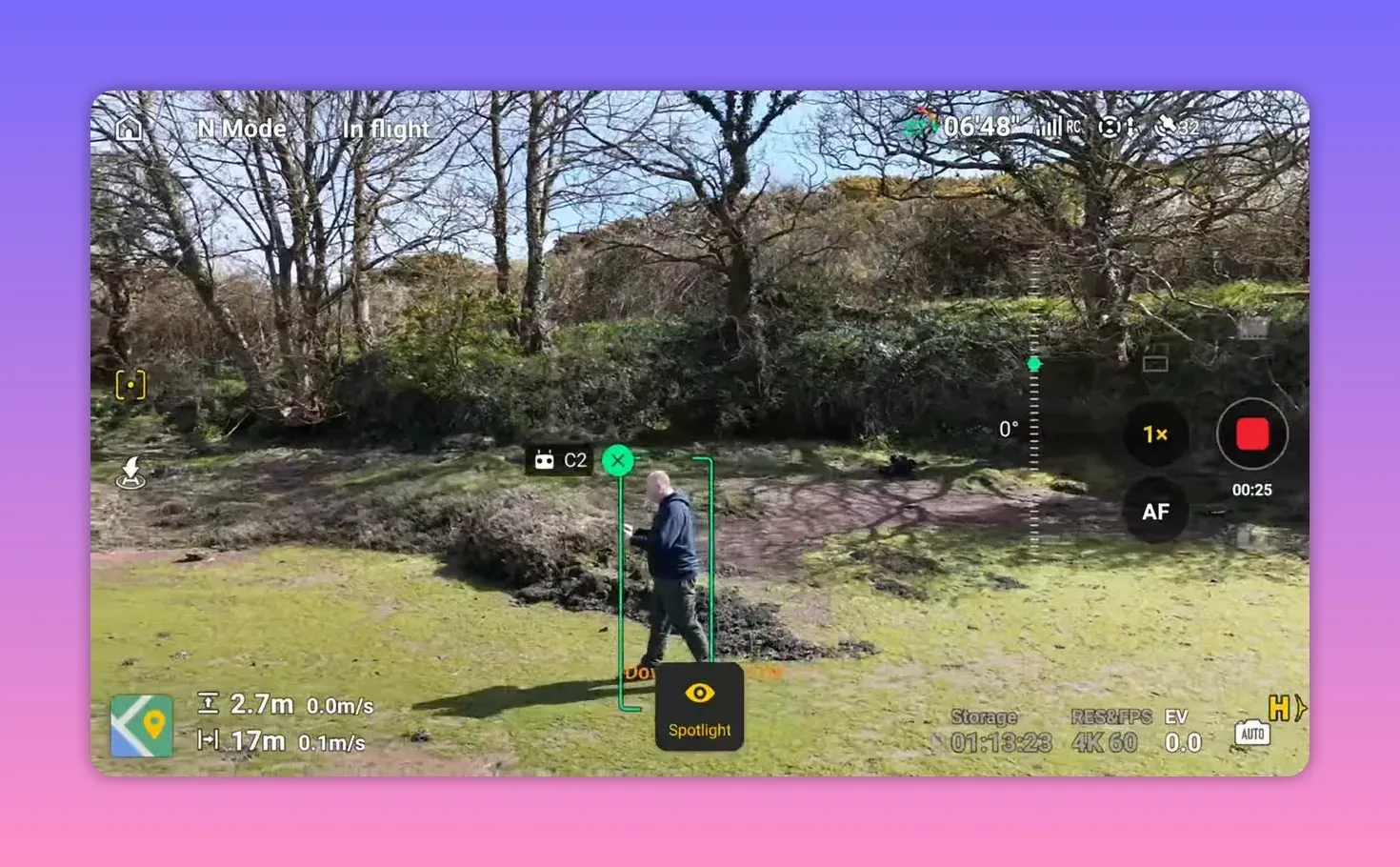 DJI RC2 live view in N Mode showing Spotlight tracking box around a subject during ActiveTrack demo
