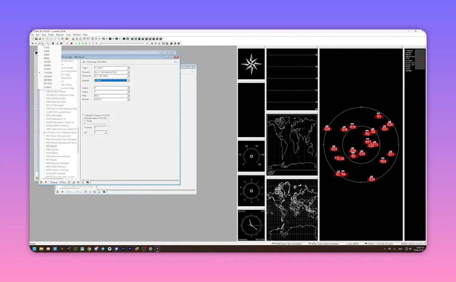 u-center device configuration screen showing GPS protocol and baud rate set to match ELRS expectations