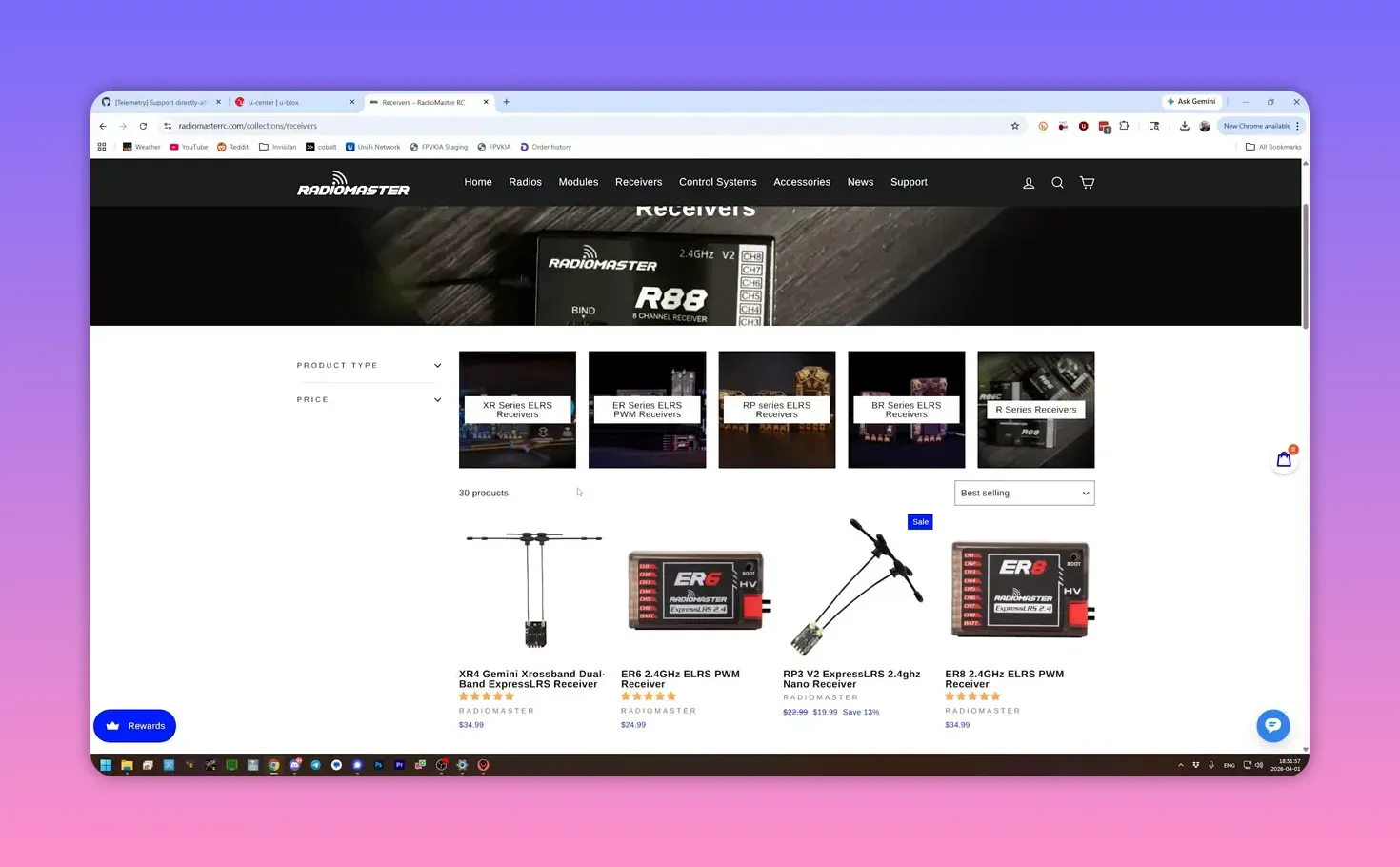 Screenshot showing Radiomaster ExpressLRS PWM receivers and an 8-channel PWM receiver product listing