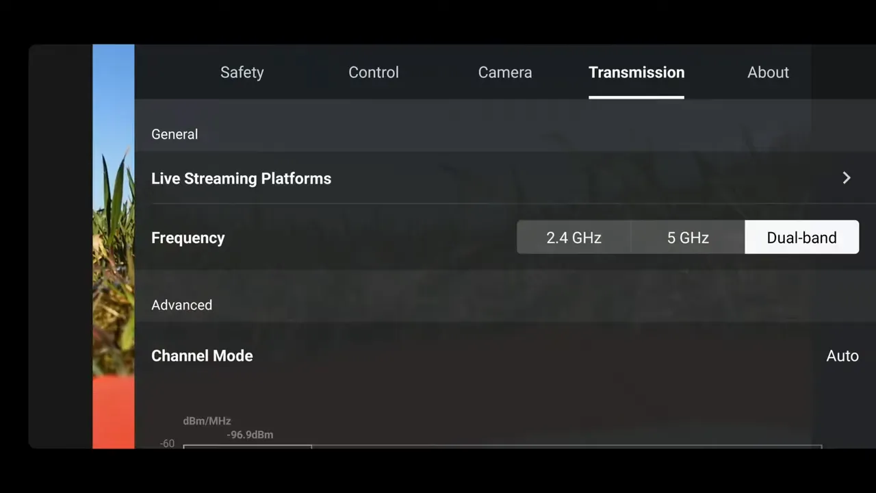Fly app Transmission settings screen showing dual-band frequency options