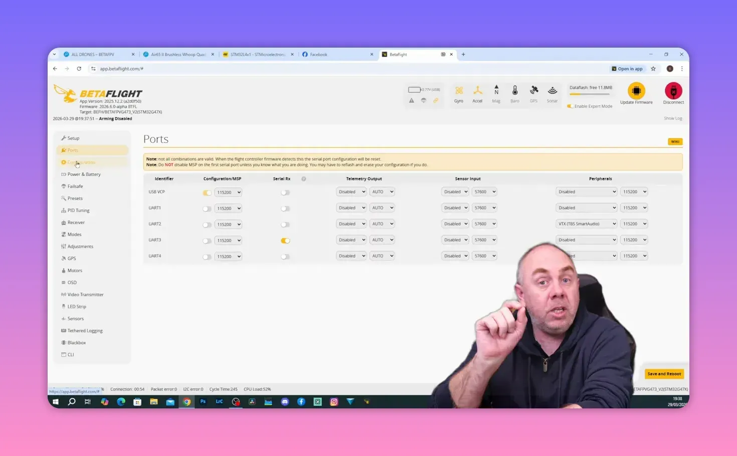Betaflight Ports configuration screen showing UART serial RX settings for BetaFPV Air65 II ELRS receiver