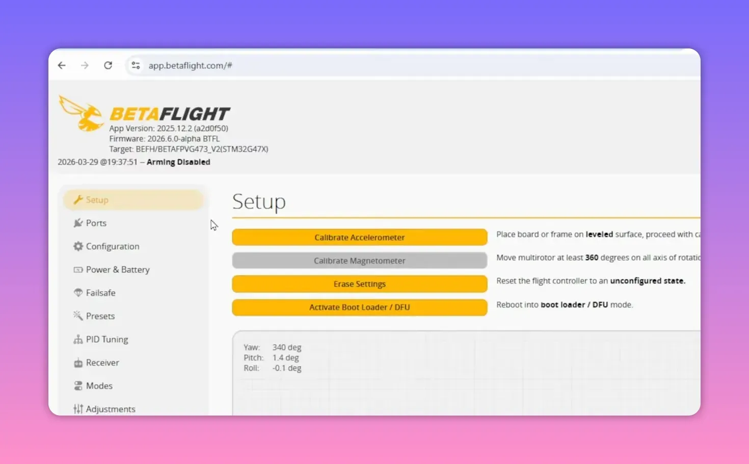 Betaflight Setup page with firmware version details shown for the BetaFPV Air65 II