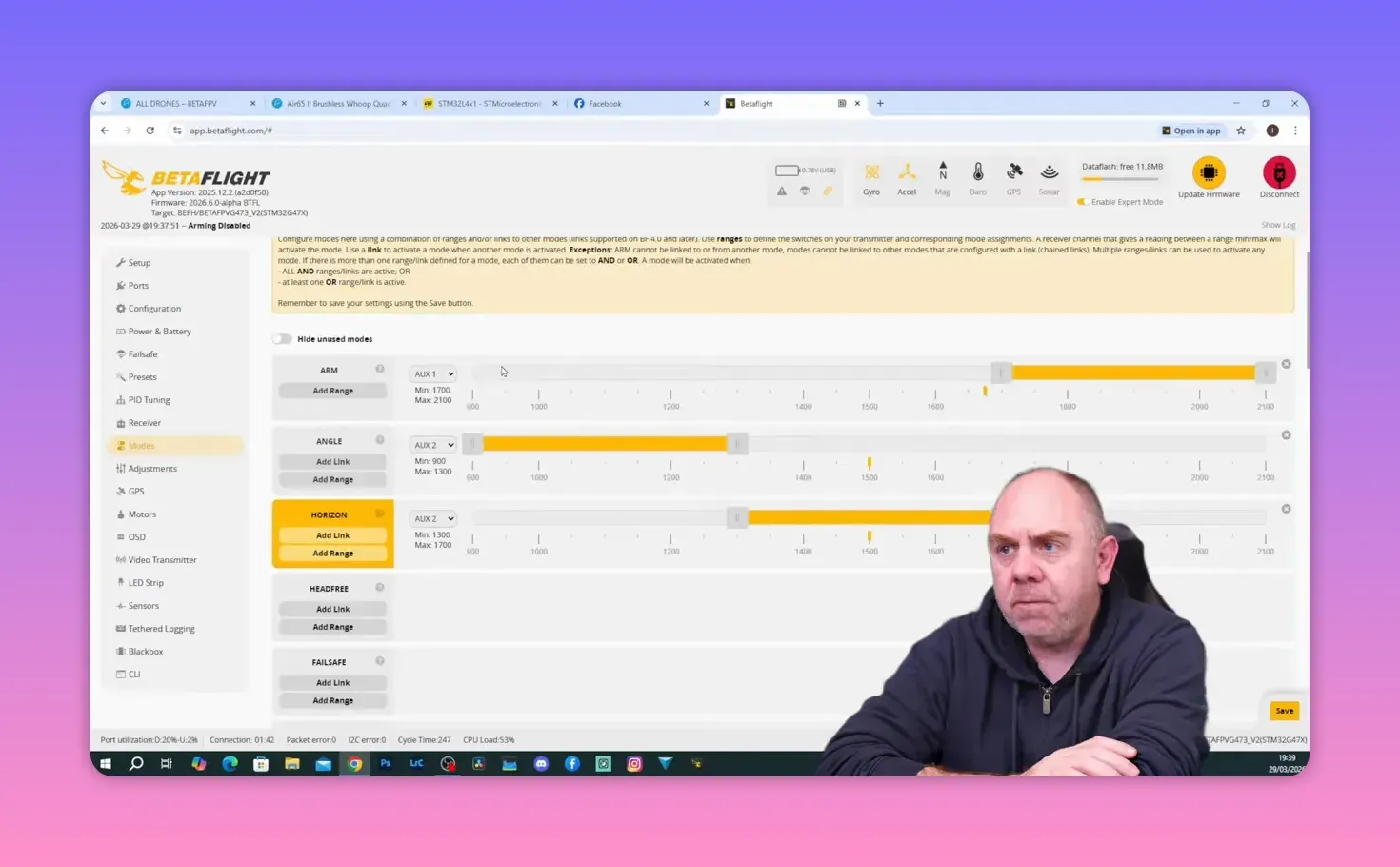Betaflight Modes screen showing Arm, Angle, and Horizon mode stick assignments for the BetaFPV Air65 II