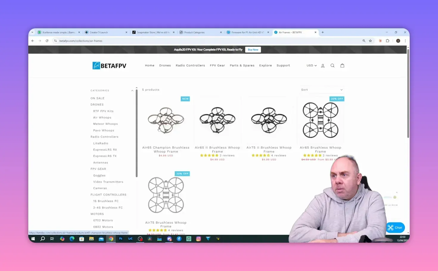 Screenshot of the BetaFPV Air65 frame product page on betafpv.com showing a replacement frame listing and price