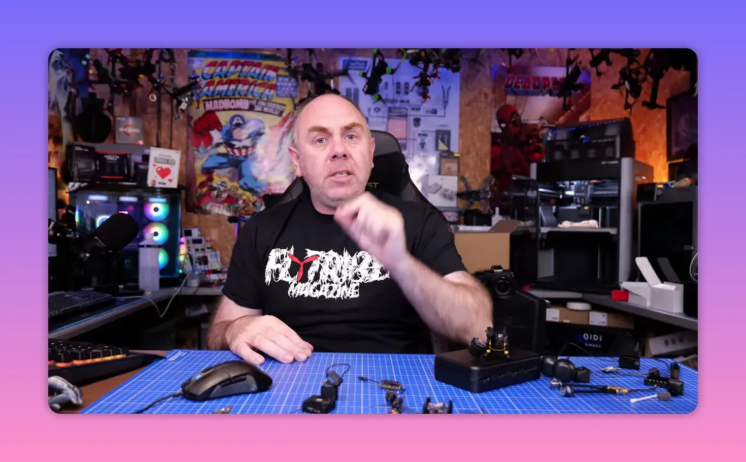 Presenter gesturing while discussing the missing raw footage needed to investigate the DJI O4 Pro gyro issue