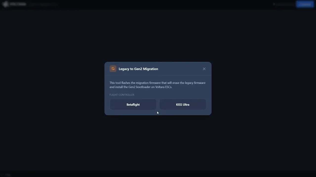 Voltara Legacy to Gen2 Migration dialog describing firmware erase and Gen2 bootloader installation