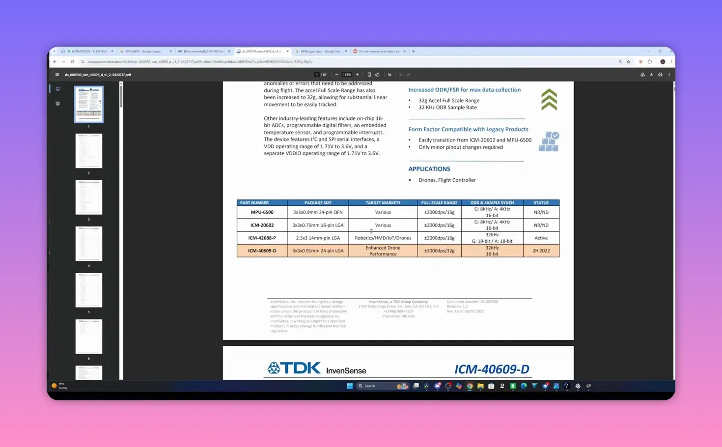 Screenshot of the ICM-40609-D datasheet showing ODR/FSR and compatibility details