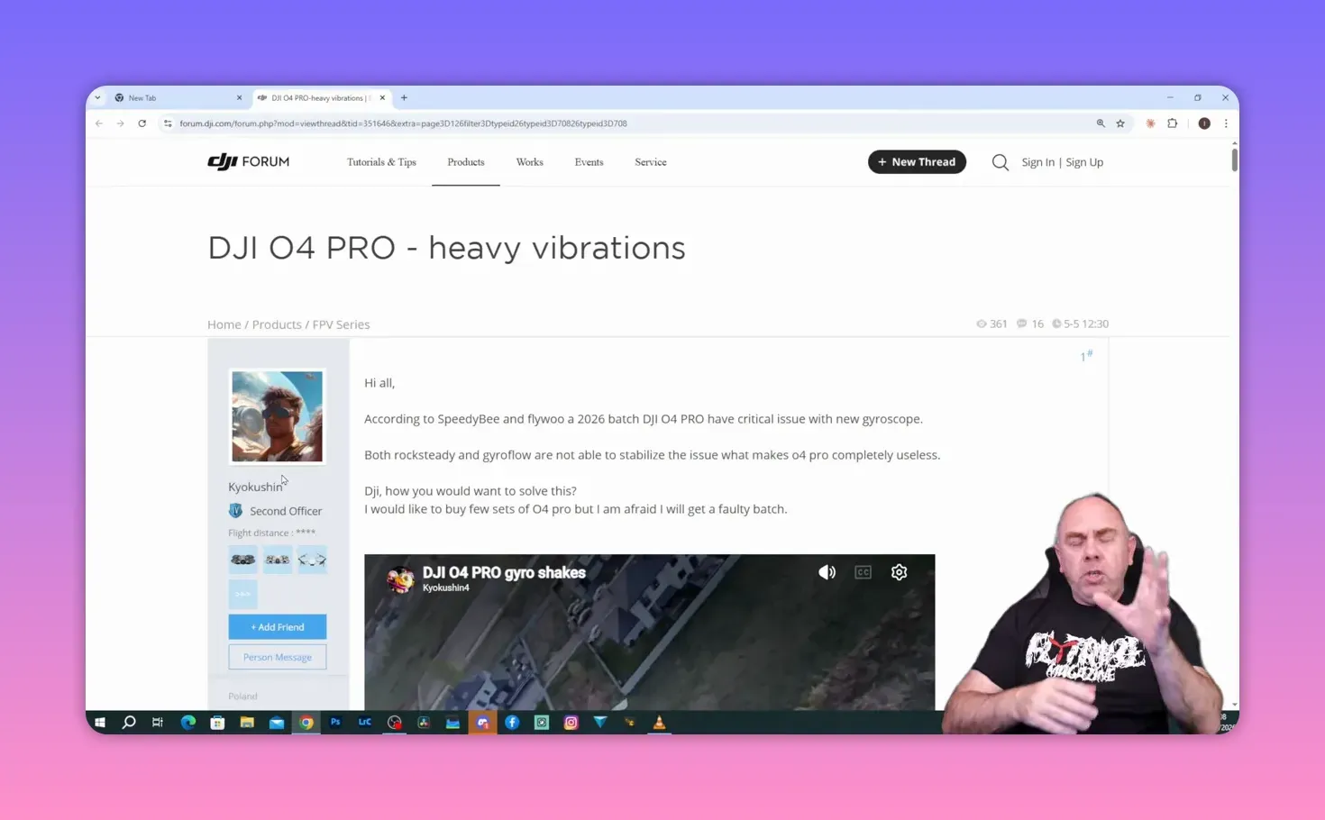 DJI Forum thread titled “DJI O4 PRO - heavy vibrations” discussing that RockSteady and Gyroflow can’t stabilize the issue with a new gyroscope