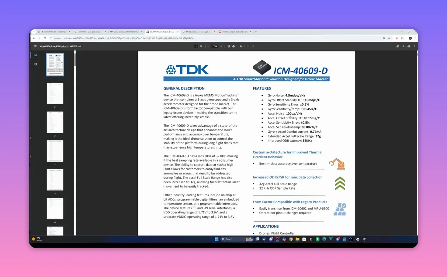 Screenshot of the ICM-40609-D datasheet page showing the TDK SmartMotion overview and key gyro specifications