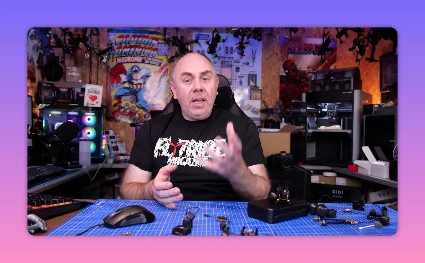 Presenter gesturing while explaining the missing raw footage needed to investigate the DJI O4 Pro gyro issue