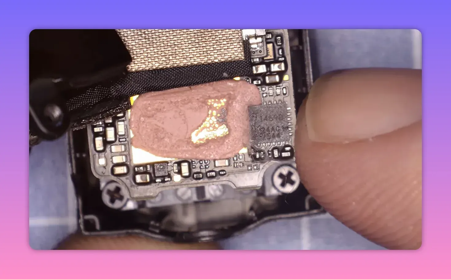 Close-up of DJI O4 Pro camera PCB with an integrated gyro-related module and pins