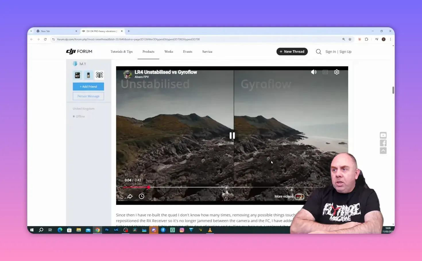 DJI Forum screenshot with a side-by-side comparison video titled “LR4 Unstabilised vs Gyroflow” showing stabilised and unstabilised footage