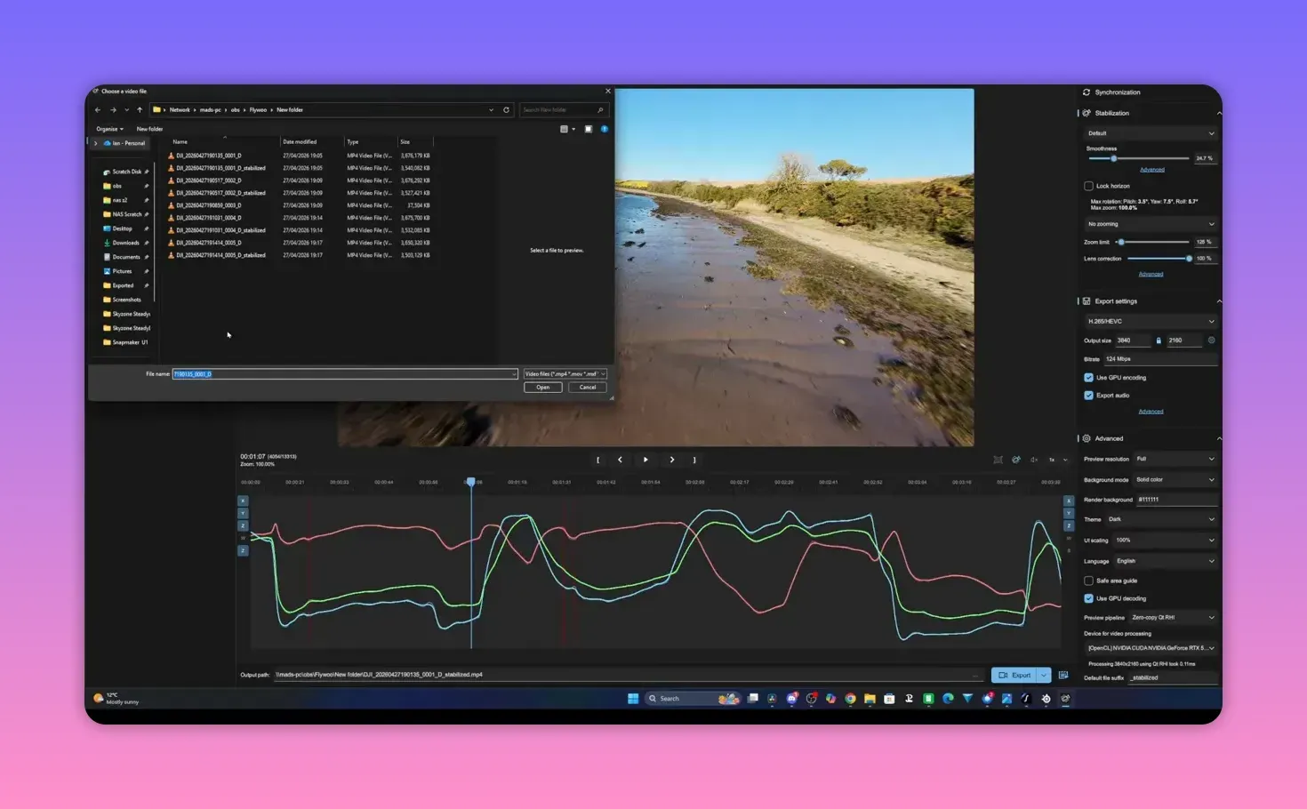 Gyroflow interface with file selection and stabilised video preview plus gyro motion traces for a 2026 O4 Pro