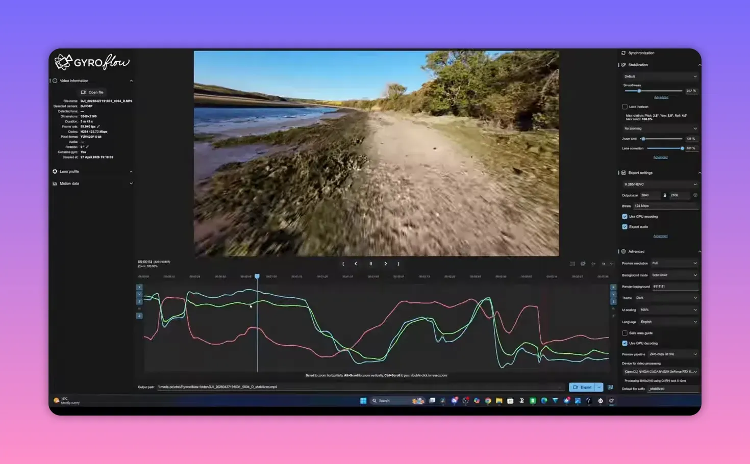 Gyroflow interface showing stabilised video preview and gyro motion traces for a 2026 O4 Pro that behaves normally