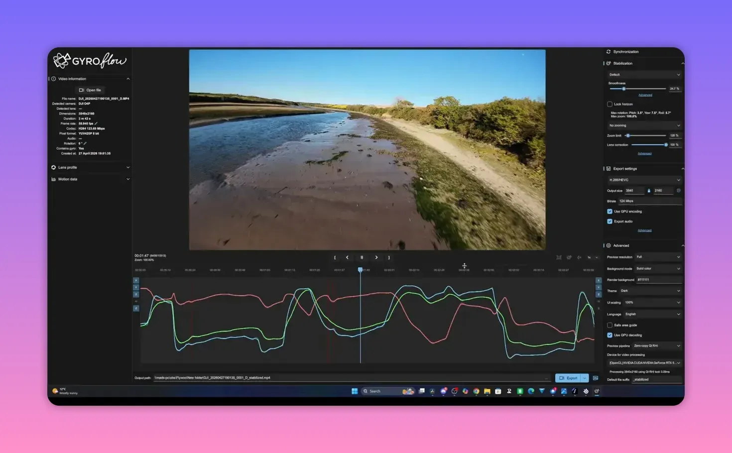 Gyroflow timeline showing stabilised video and gyro motion traces for an example 2026 O4 Pro that behaves normally