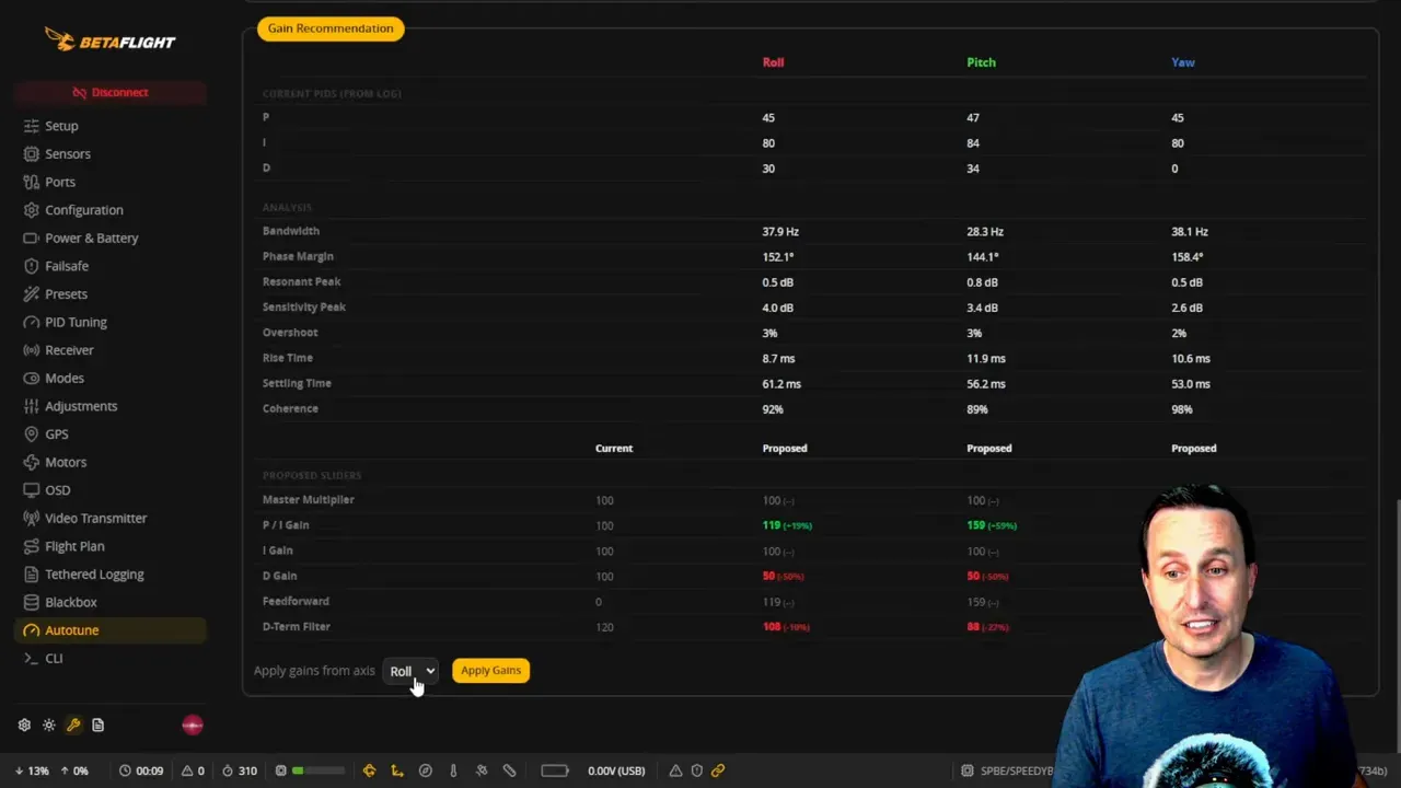 Betaflight Autotune gain recommendation screen with Apply gains button and proposed PID changes