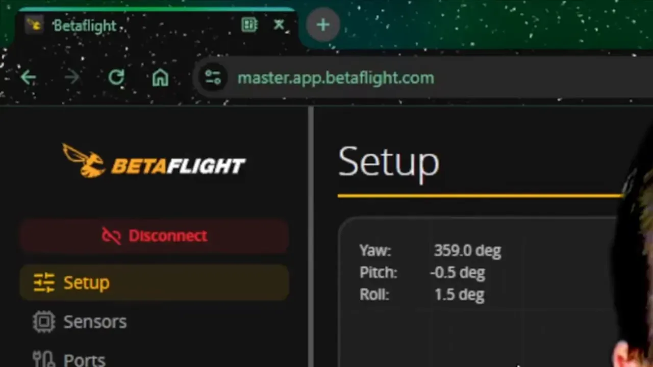 Betaflight master configurator Setup screen showing yaw, pitch and roll values