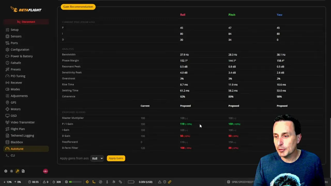 Betaflight Autotune gain recommendation table showing current vs proposed PID values for Roll, Pitch and Yaw