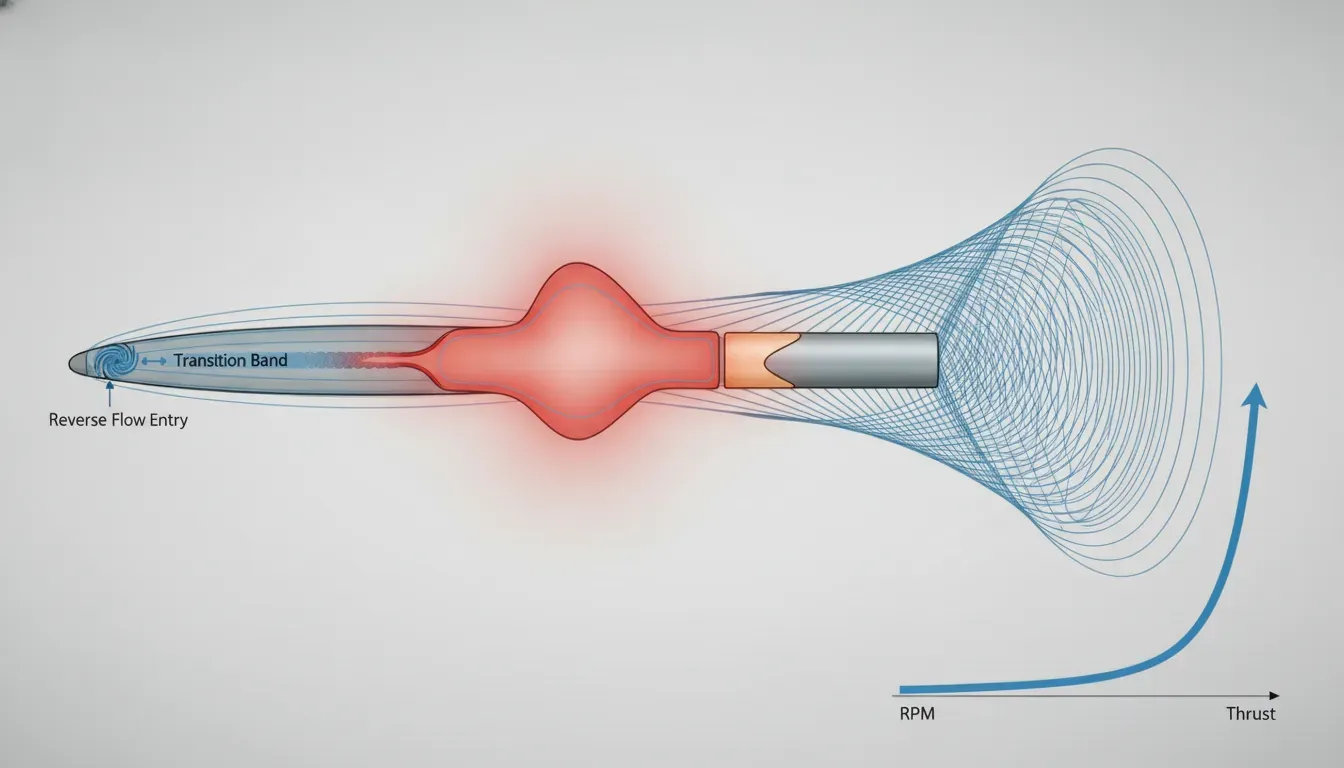 Technical infographic illustrating propeller prop wash with airflow streamlines, reverse flow entry, and highlighted upper-surface blade stall and recovery regions.