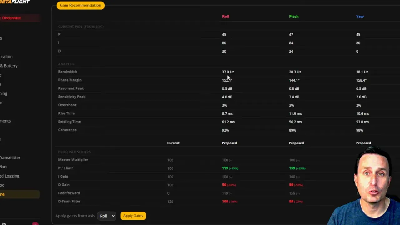 Betaflight Autotune gain recommendation table showing bandwidth, phase margin, sensitivity peak and coherence for roll, pitch and yaw