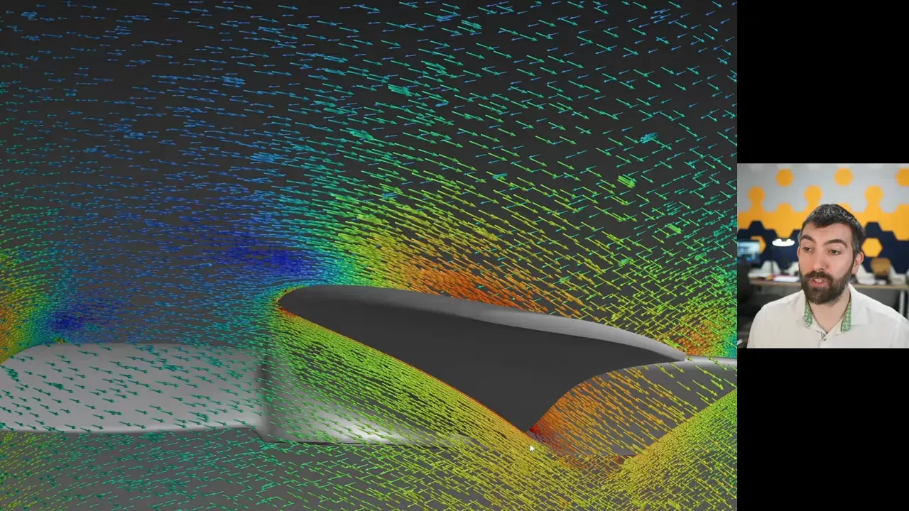 CFD close-up of a propeller blade with coloured airflow lines curving over the surface
