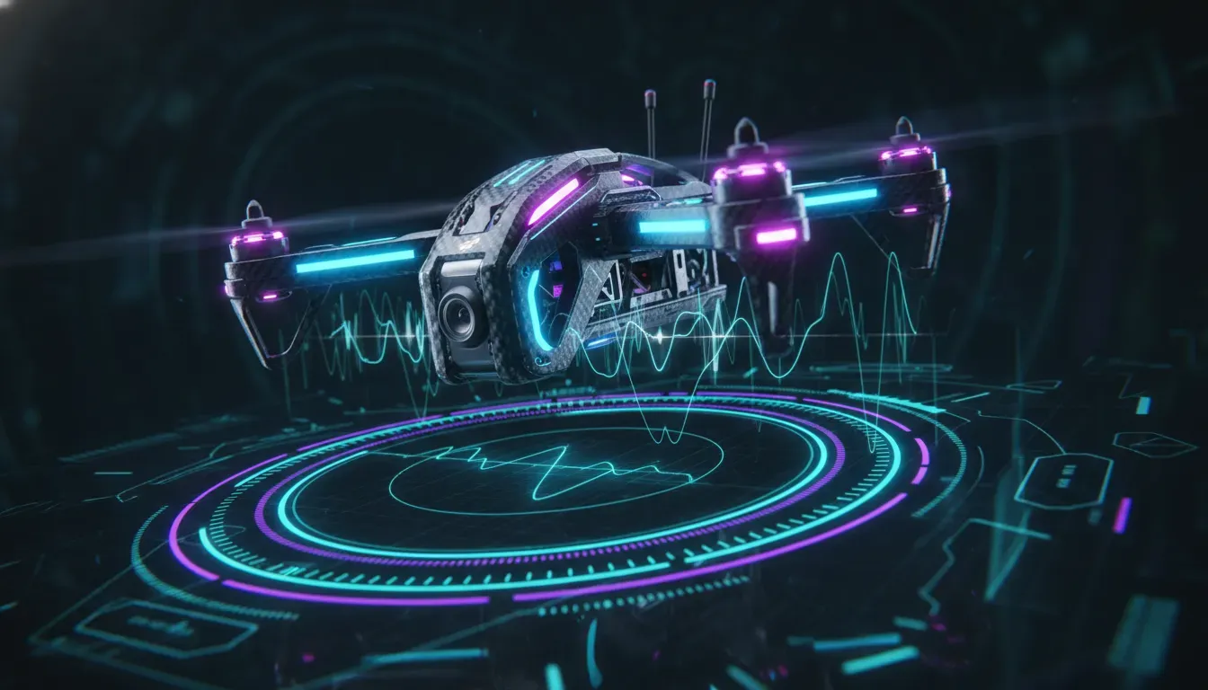 FPV drone with futuristic HUD showing abstract tuning graphs and PID-style curves representing Betaflight Autotune analysis, with no text.