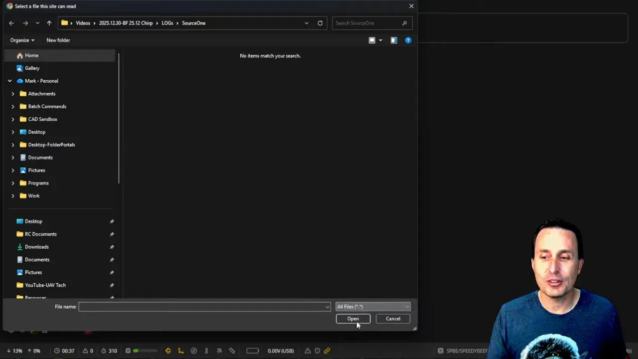 Windows file picker set up to select a Blackbox log file, with file type filter options visible