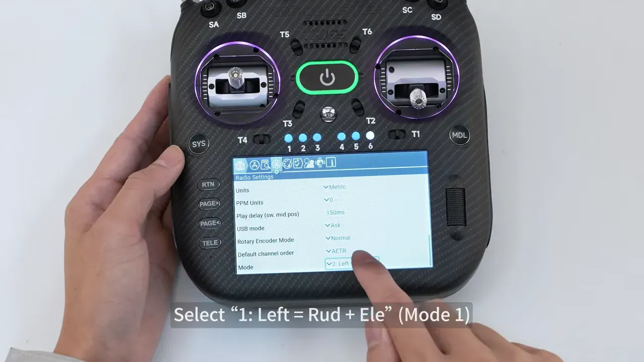 TX16S MK3 radio settings screen showing the mode selection set to Mode 1