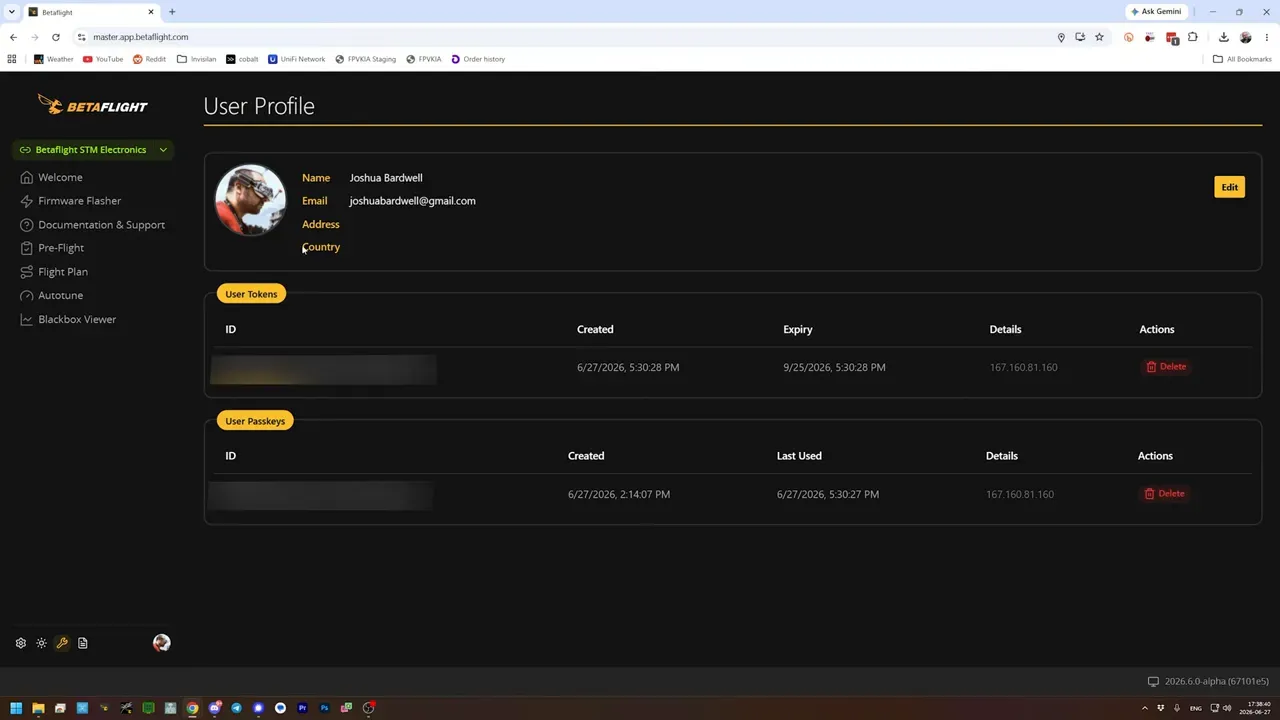 User profile page in Betaflight Configurator with account details and aircraft backup sections