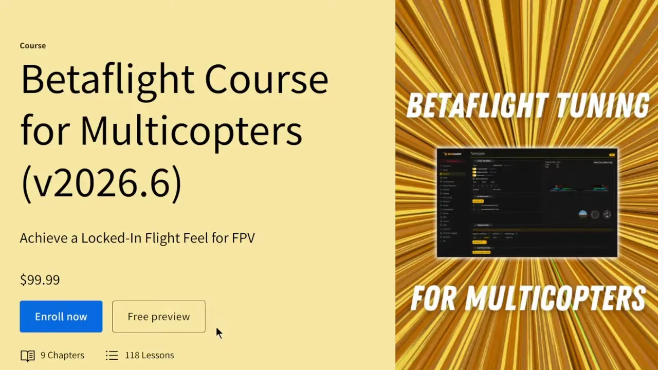 Betaflight Course for Multicopters page listing a price of 99.99 dollars