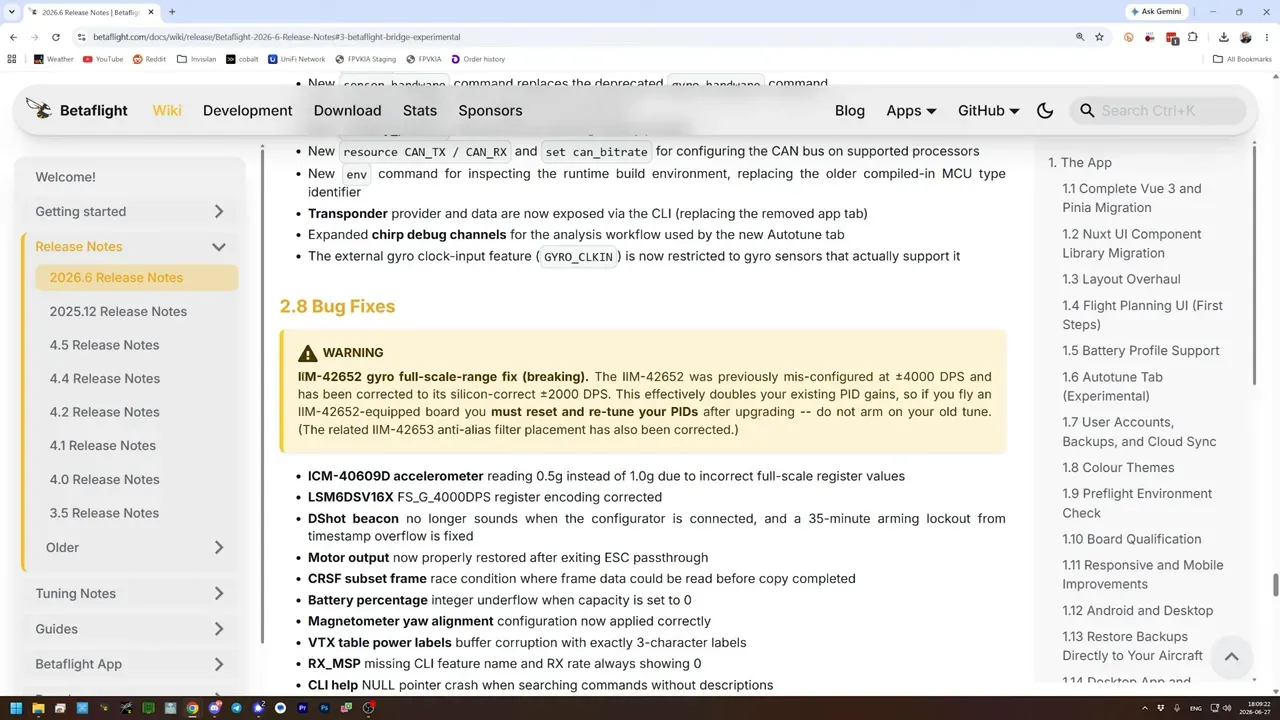Betaflight release notes with a highlighted warning about the IIM-42652 gyro bug fix