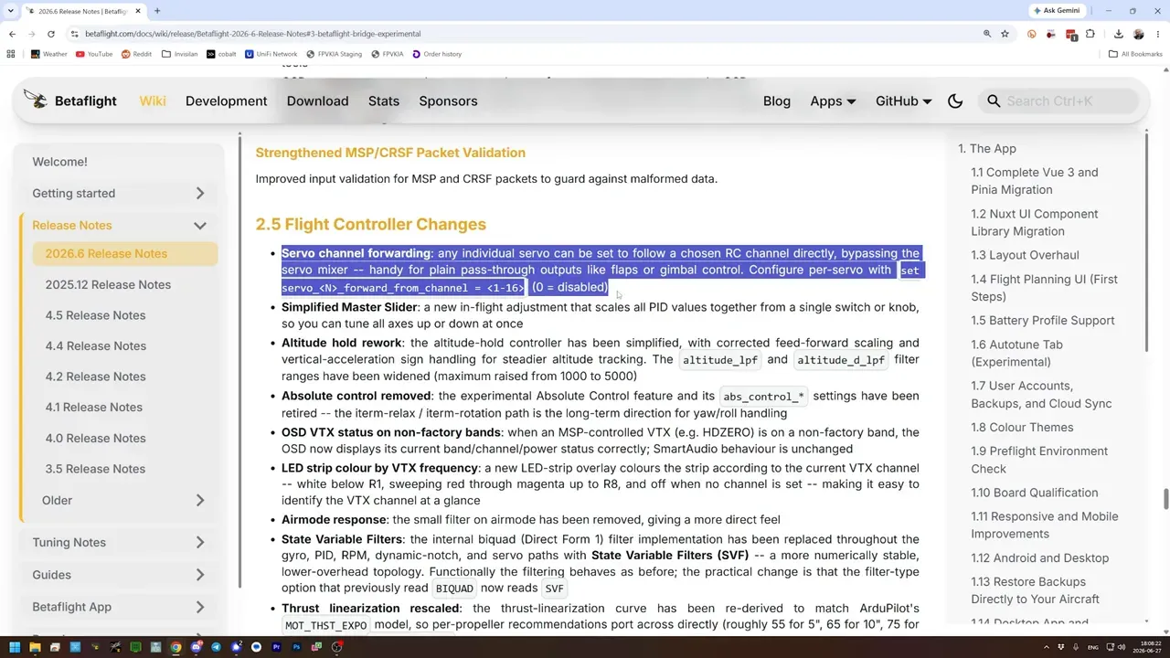 Betaflight release notes section highlighting easier servo forwarding configuration