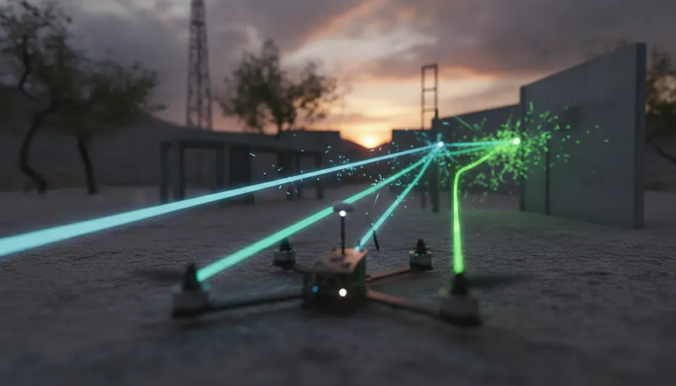 Photorealistic FPV drone with color-coded, wordless signal beams showing how different radio frequencies behave over a distance and around obstacles, including realistic interference effects.