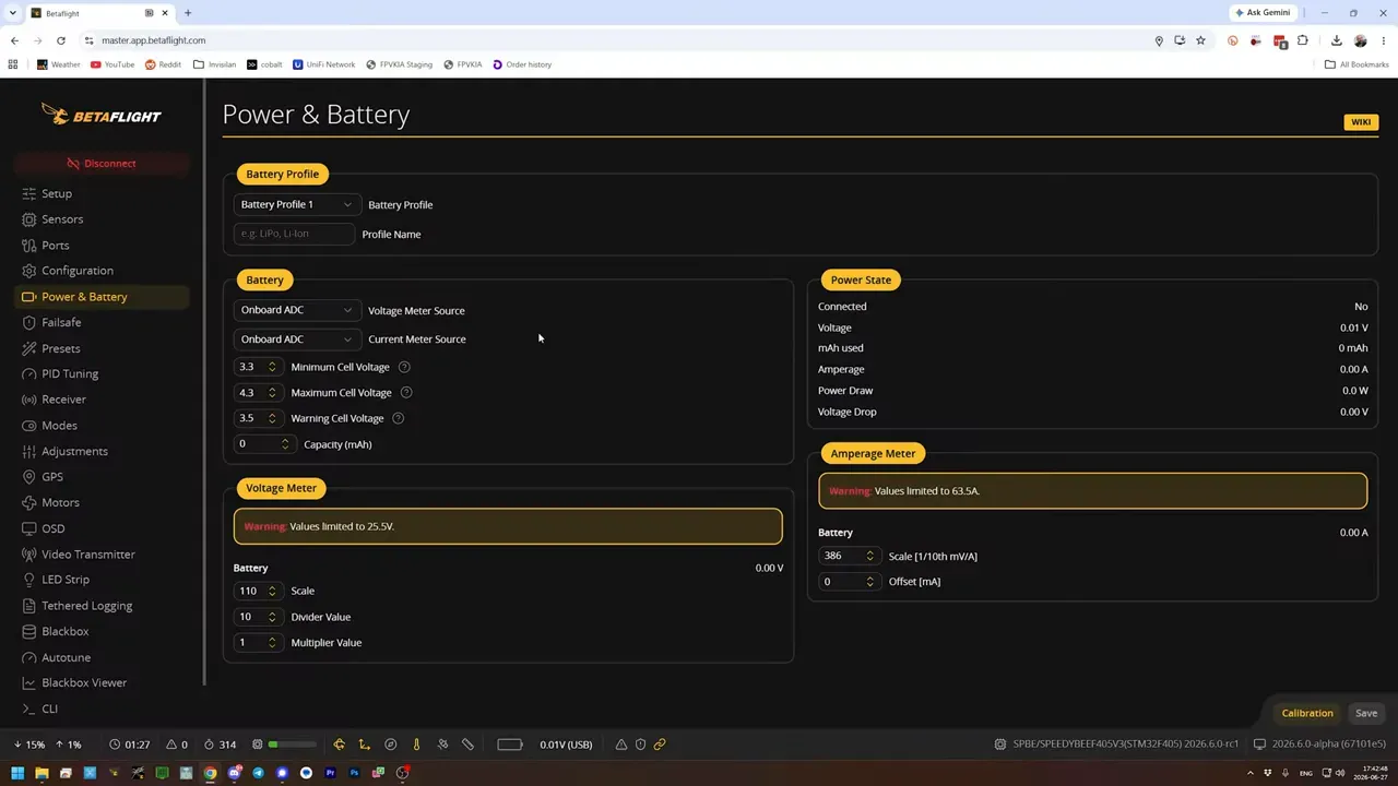 Power and Battery tab showing battery profile fields and voltage settings in Betaflight Configurator