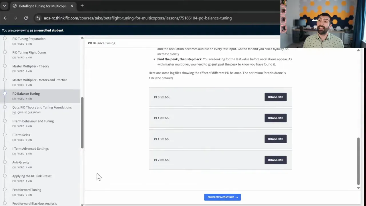 Course lesson page showing a multiple choice quiz