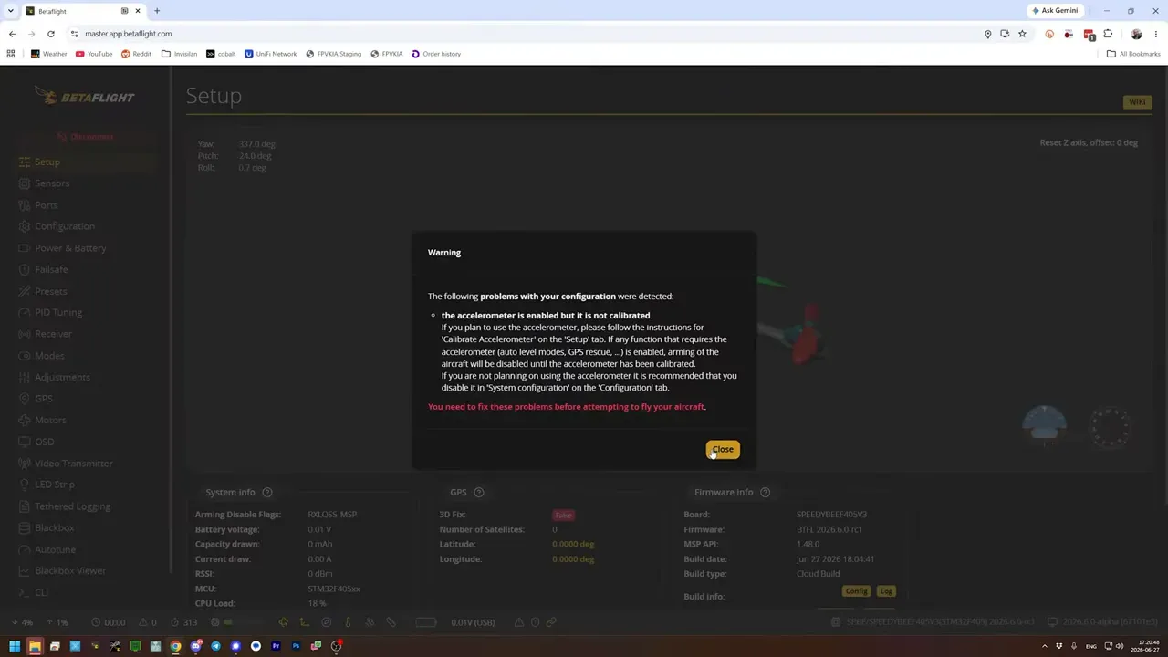 Betaflight Configurator setup page with a quad model and dark themed interface