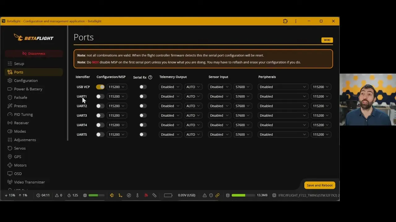 Betaflight Configurator Ports tab with serial port settings