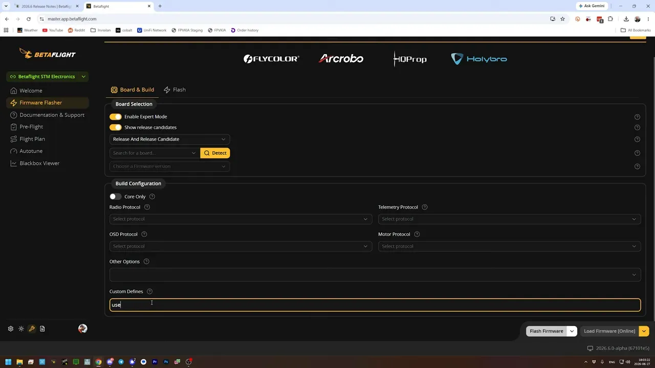 Firmware flasher page with custom defines field used for USE_ELRS_V4 in Betaflight Configurator