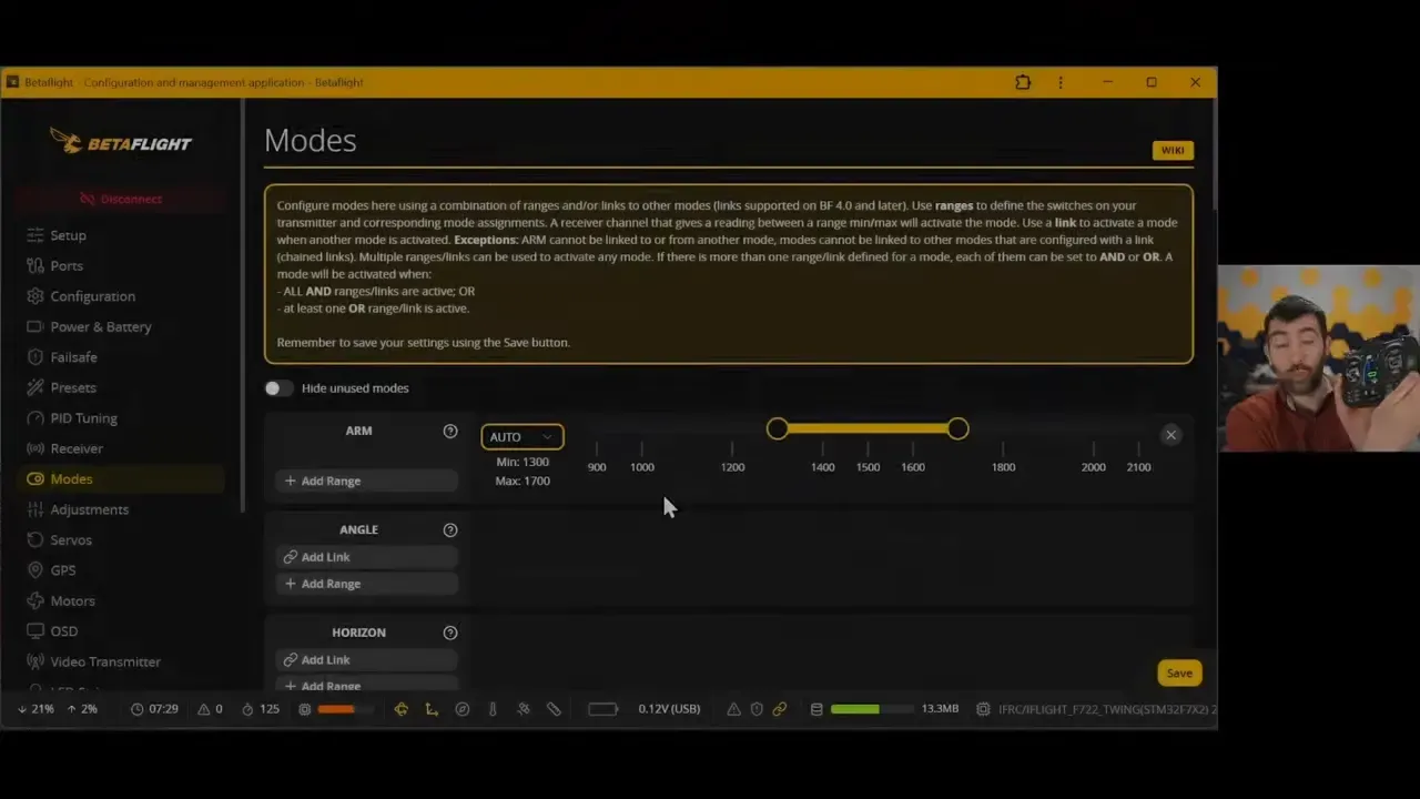 Betaflight Configurator Motors tab with motor test controls and motor layout