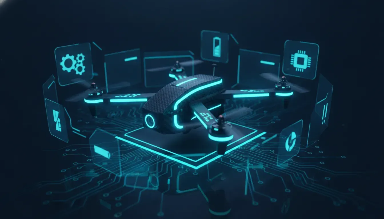Futuristic FPV quadcopter hovering over a neon circuit-board background with holographic upgrade interface elements, representing an upcoming Betaflight-style firmware release—no text.