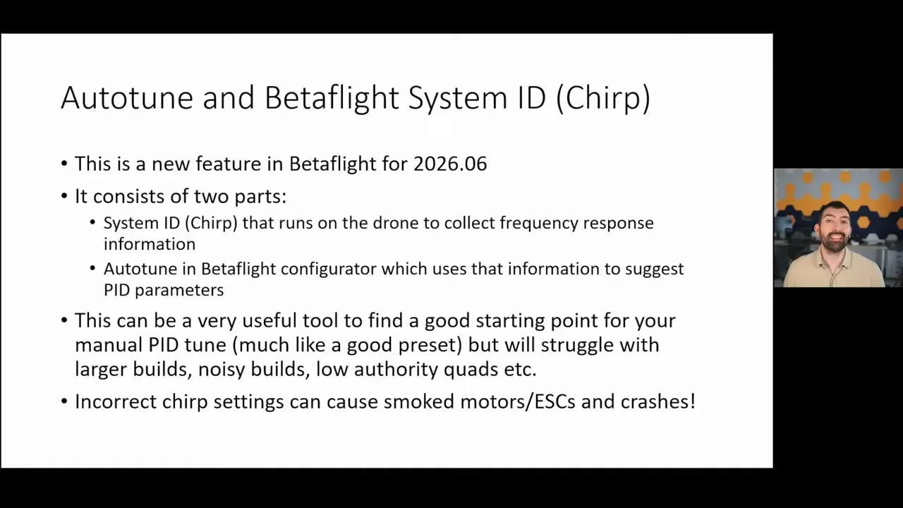 Slide titled Autotune and Betaflight System ID Chirp