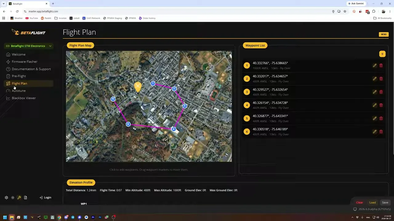 Flight Plan tab showing a map with waypoint markers and a mission list in Betaflight Configurator
