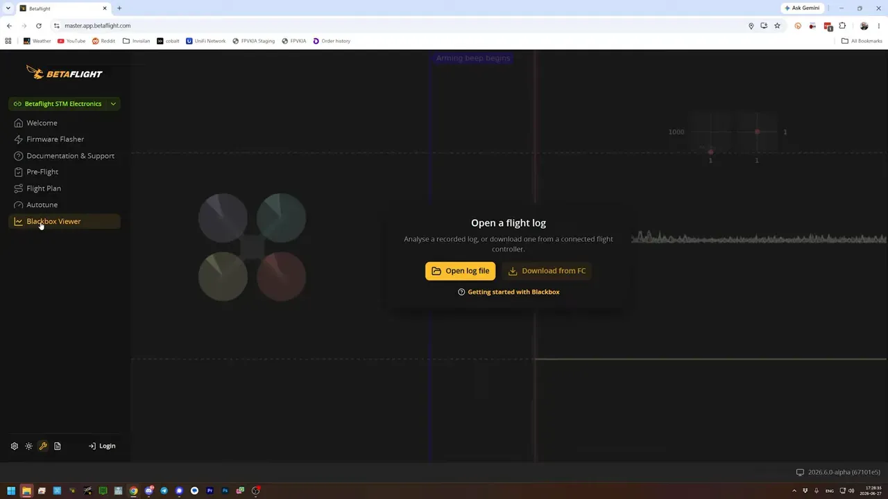 Blackbox Log Viewer page inside Betaflight Configurator with a prompt to load a log file