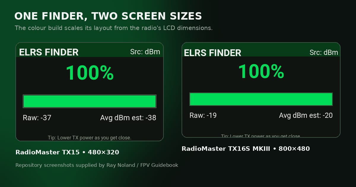 ELRS Finder colour interface shown at native RadioMaster TX15 and TX16S MKIII screen proportions