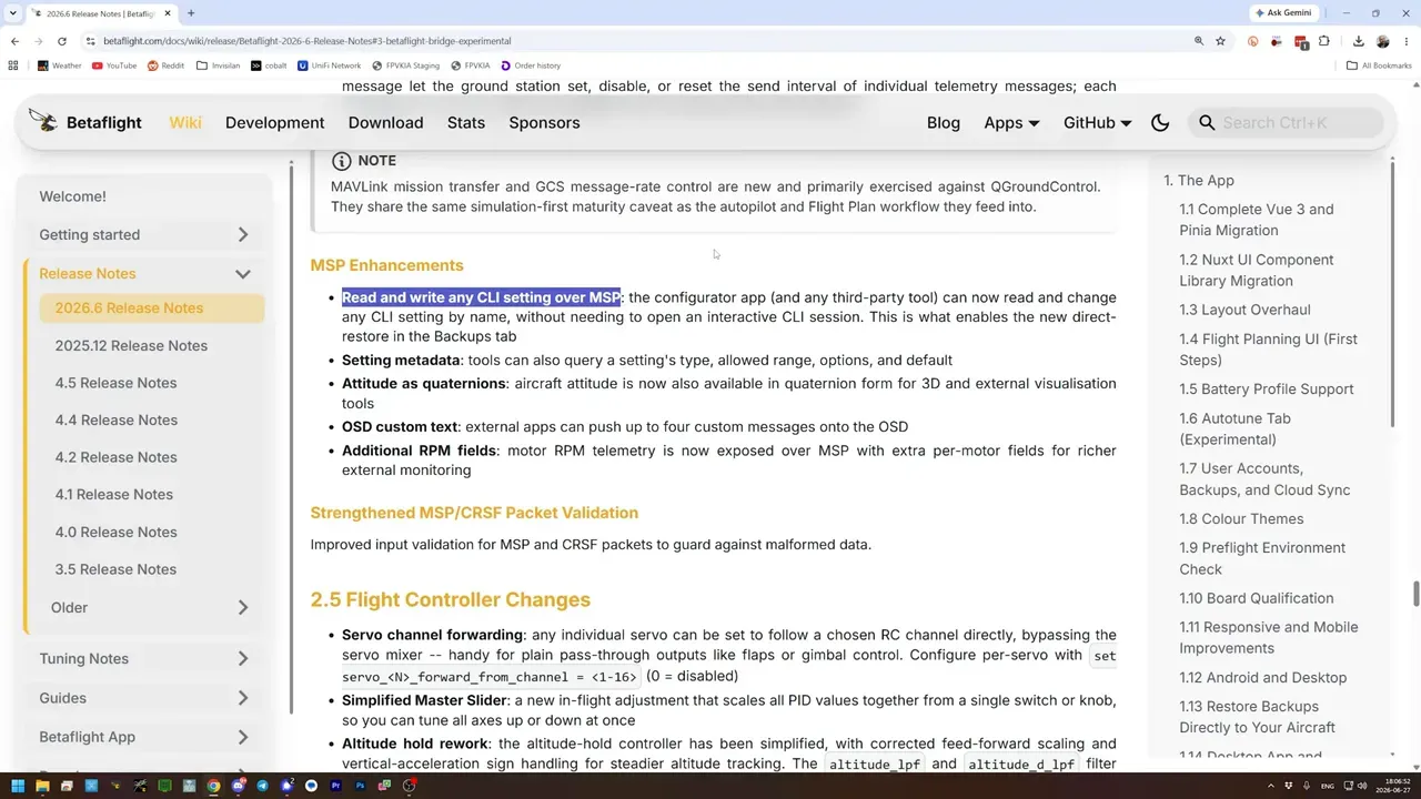 Betaflight release notes section highlighting MSP read and write access for CLI settings