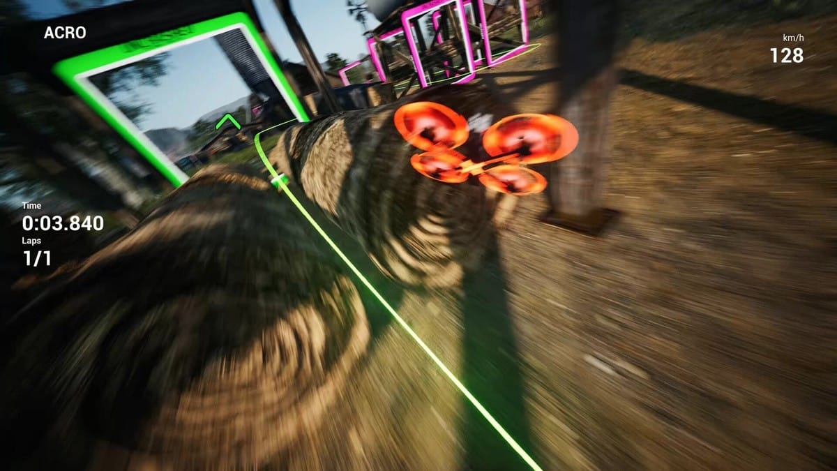 Uncrashed FPV simulator flying through a neon-lit freestyle environment