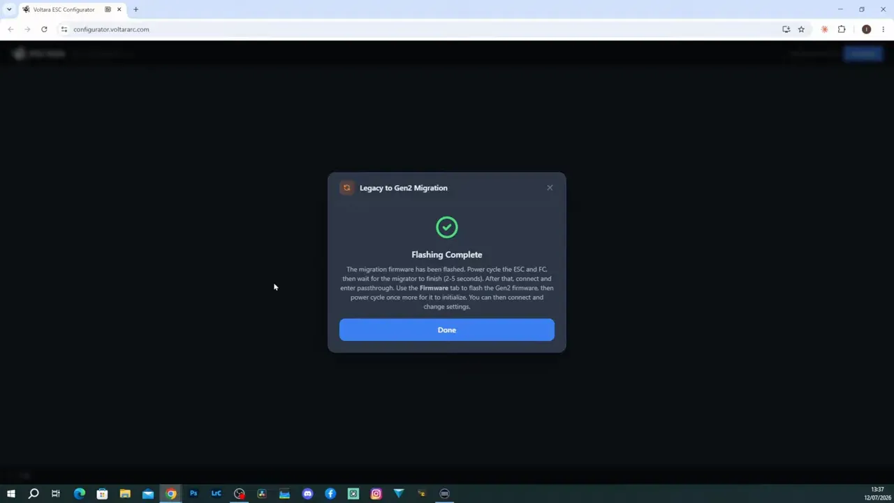 Voltara configurator confirmation dialog showing migration firmware flashed successfully